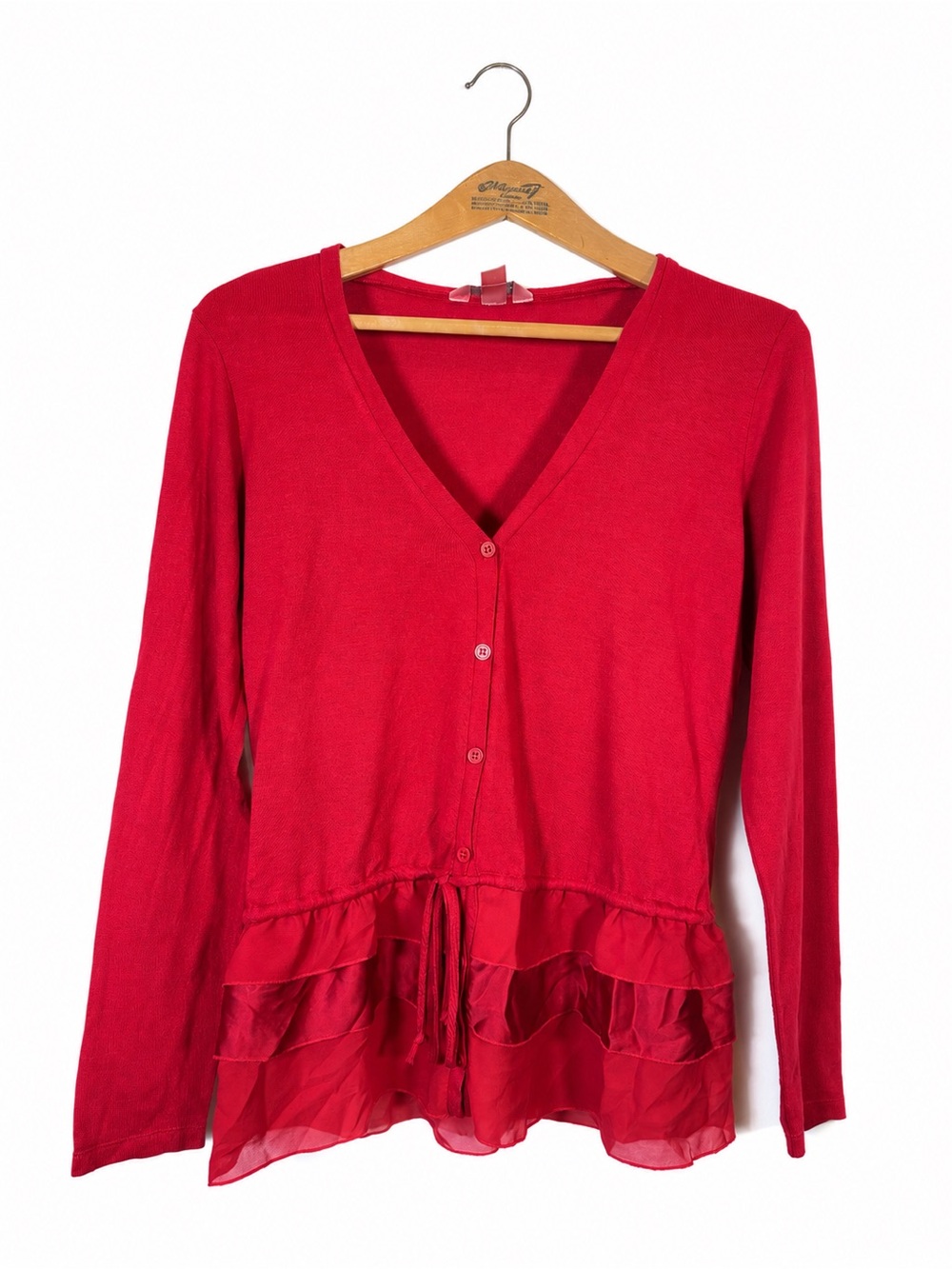 Christopher & Banks Red Ruffle Hem Ribbed Knit Cardigan Blouse Top Size M